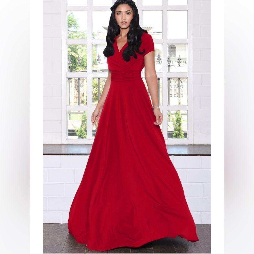 KOH KOH Cap Short Sleeve V-Neck Flowy Maxi Dress Red Medium New With Tags